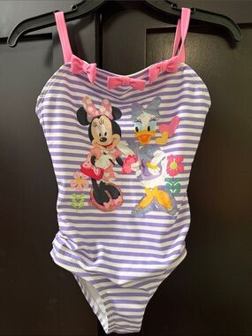 Disney Girls Purple & Pink Striped Swimsuit with Character Detail 4T